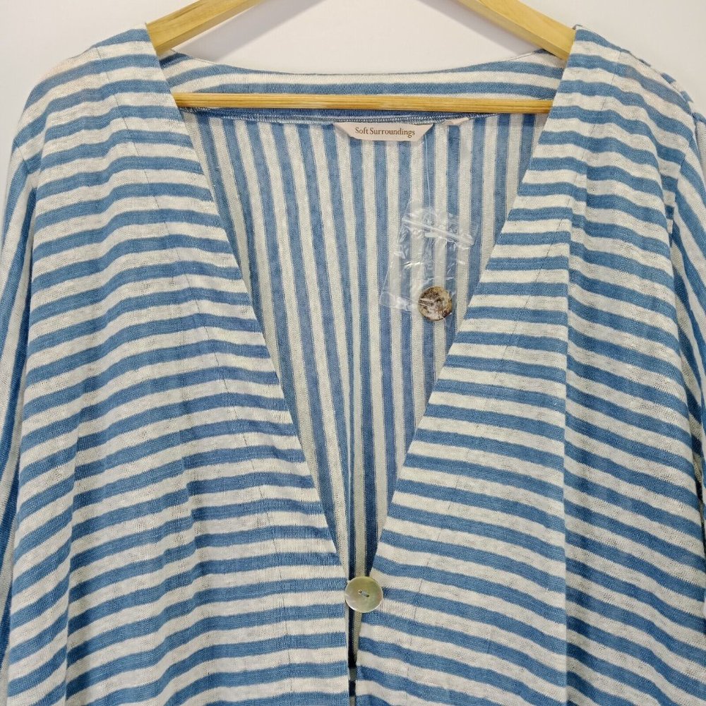 Soft Surroundings Linen Cardigan Blue Stripe V Neck Women Plus‎ Sz 1X NEW! - Picture 2 of 10
